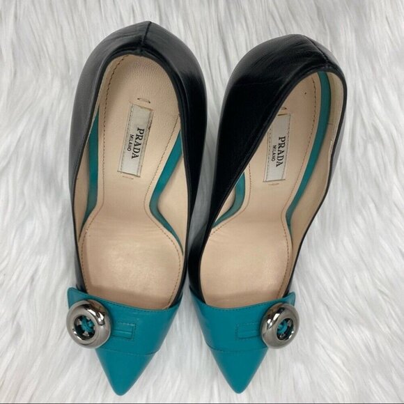 Prada Women's Capretto Turchese Silver Accent Pointed Toe Bicolor Pumps‎ EU 37.5 - Picture 4 of 11